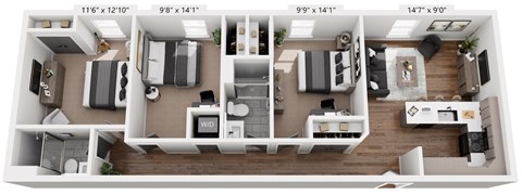 Floor plan for 3 beds, 2 baths, 939 sqft